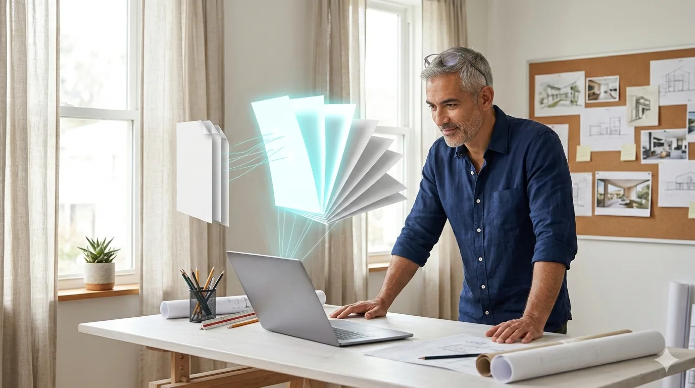 Illustration of selected PDF pages being pulled into a new document